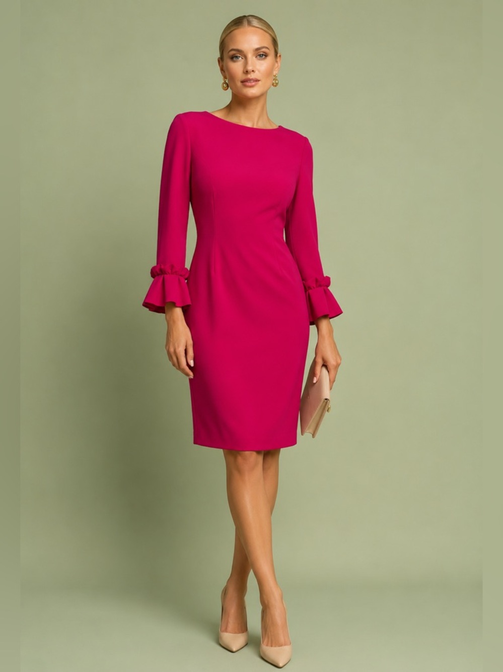 Tahari Pink Raspberry Rose 3/4 Bell Sleeve Dress NEW Size 4 Spring Summer
